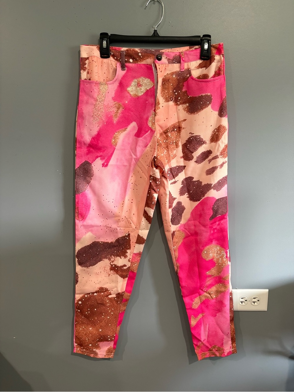Pink Cow Print Acid Wash Straight Leg Pants Hot Pink Brown Tie Dye Y2K Western